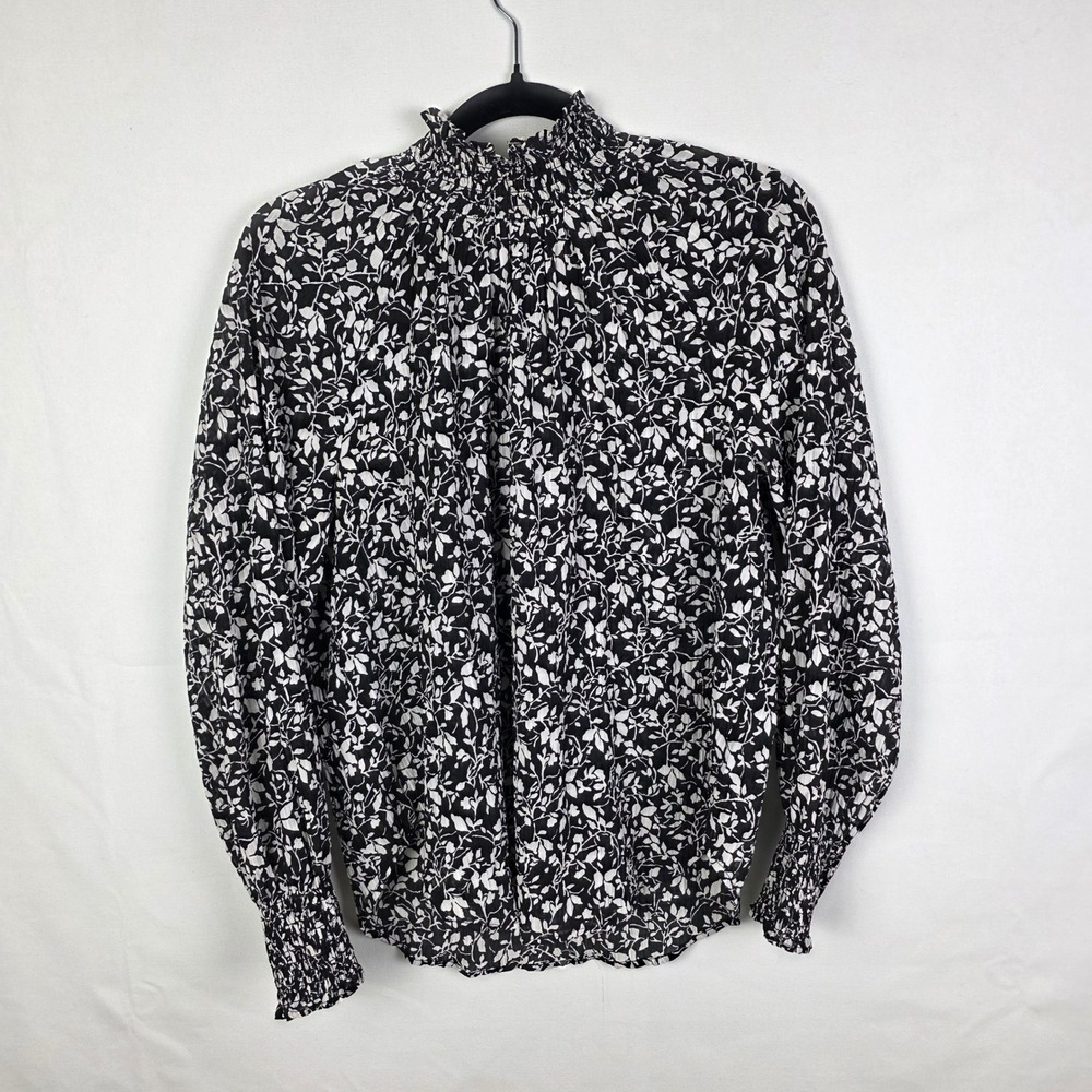 LOFT Womens Black White‎ Floral Smocked Mock Neck Blouse Long Sleeve Small